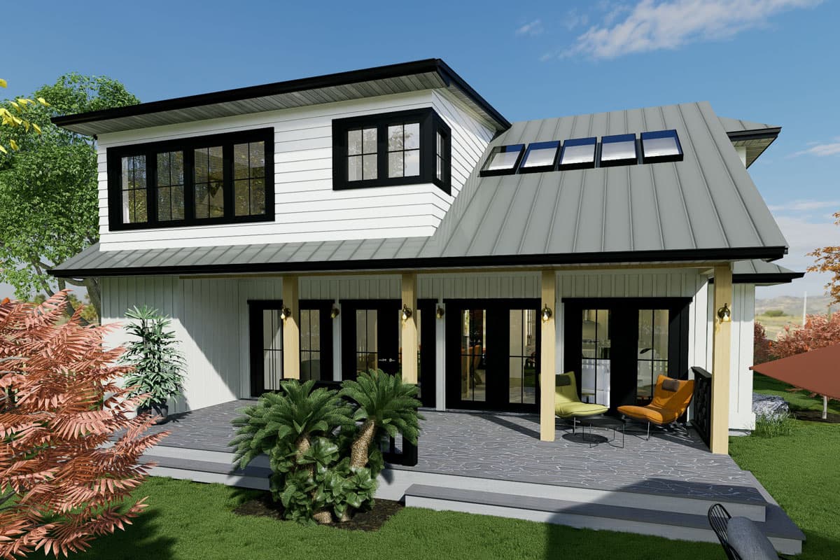 Modern house plan exterior, two stories, white siding, black-framed windows, metal roof with skylights, covered porch.