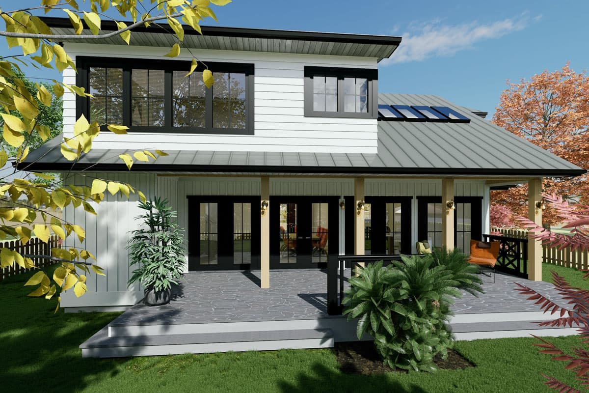 Modern two-story house plan exterior with a wraparound porch, metal roof, and board-and-batten siding.