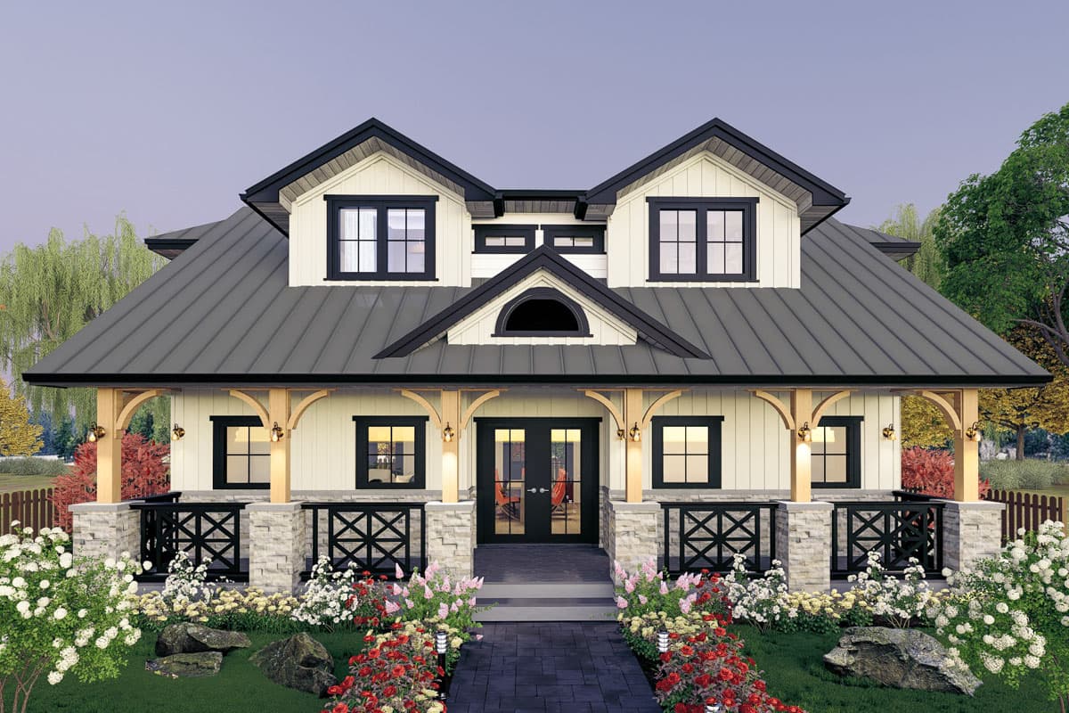 Modern Farmhouse house plan exterior with metal roof, gabled dormers, stone foundation, and arched porch supports.