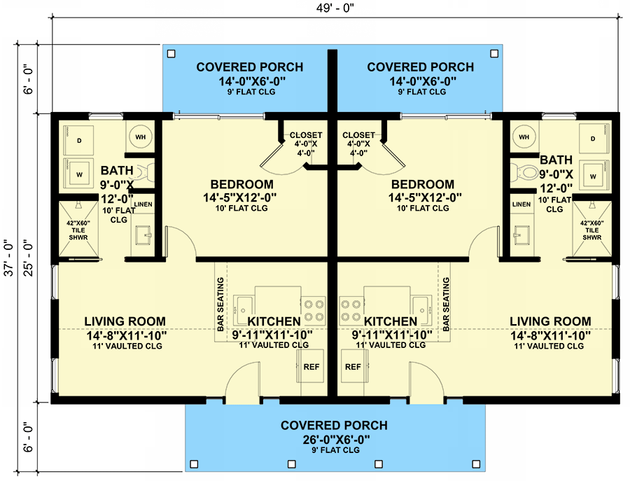 Plan 420145WNT: Country Ranch Duplex Home Plan with 1-Bed Units - 612 Sq Ft Each - Floor Plan - Main Level - Cottage, Country, Modern Farmhouse, Traditional