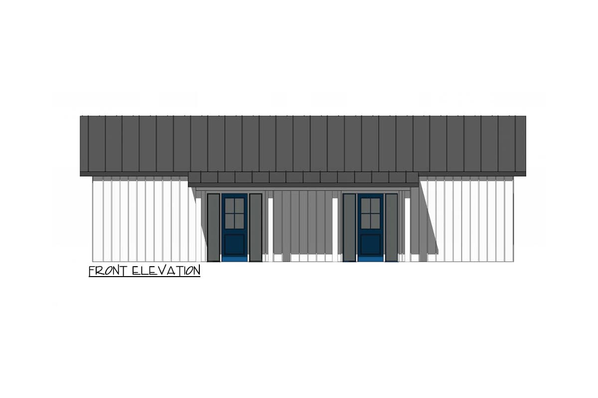 Front elevation drawing showing a house plan with a standing seam metal roof and two blue doors with shutters.