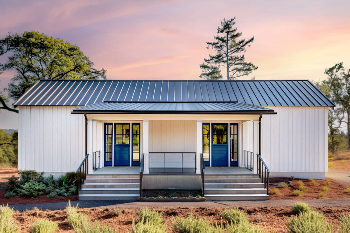 House plan exterior. One-story Modern Farmhouse with metal roof. Features include a covered porch, symmetrical entry, and board and batten siding.