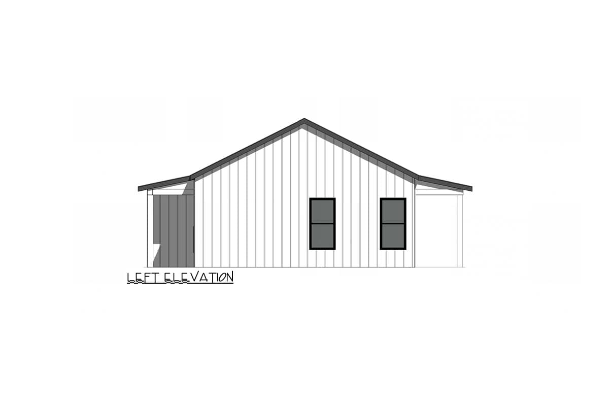 Left elevation drawing of a house plan with vertical siding, gable roof, two windows, and a covered entryway.