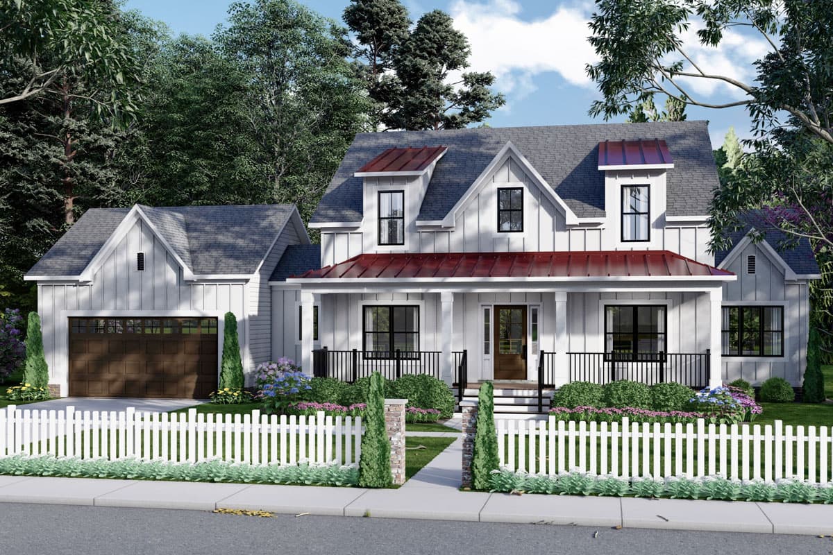 House plan exterior. Two-story Modern Farmhouse with a front porch, dormers, and a detached garage with gable roof. White siding and dark trim.