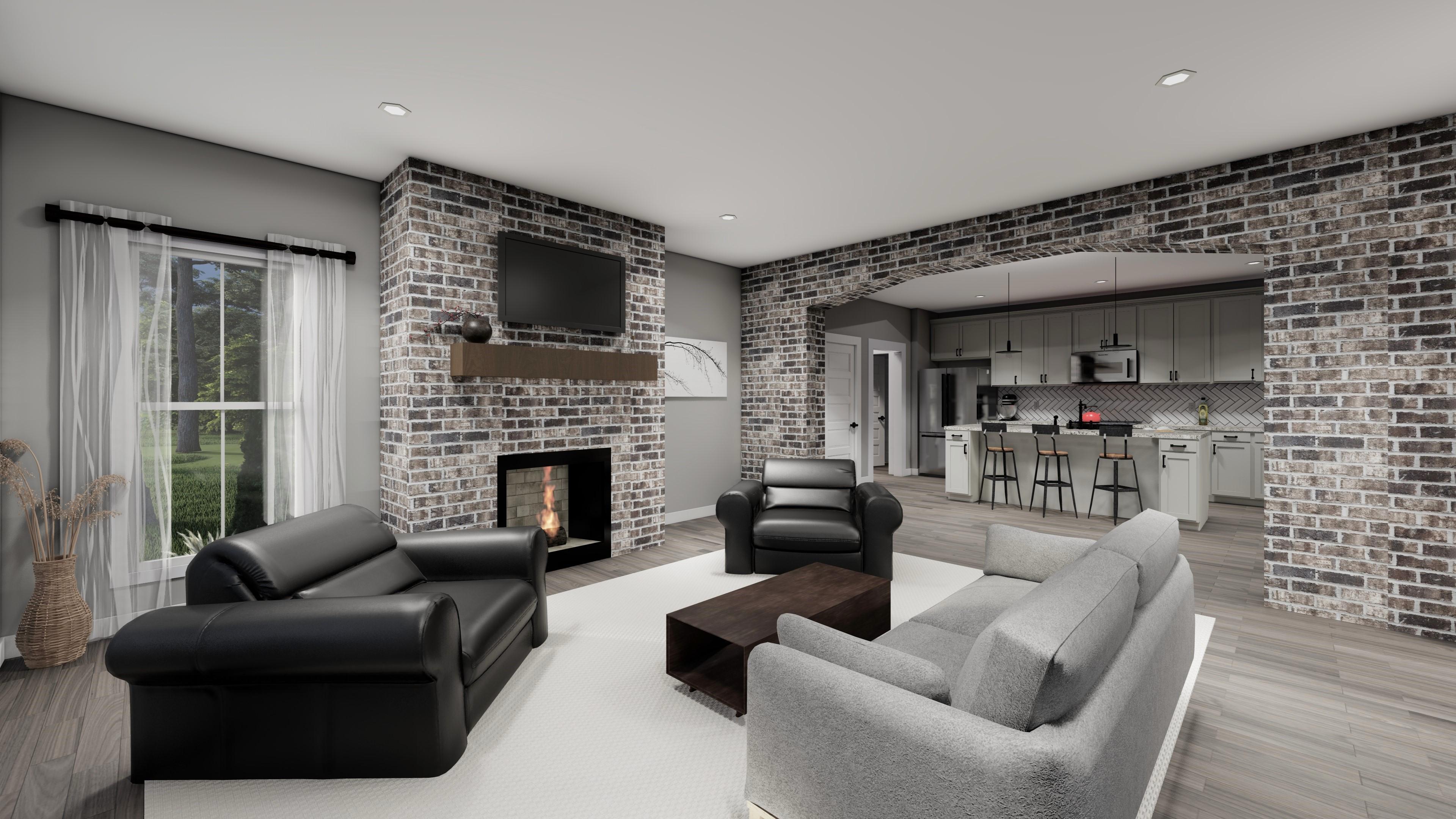 Open concept living area with brick fireplace, fireplace hearth, and kitchen with island and bar seating.