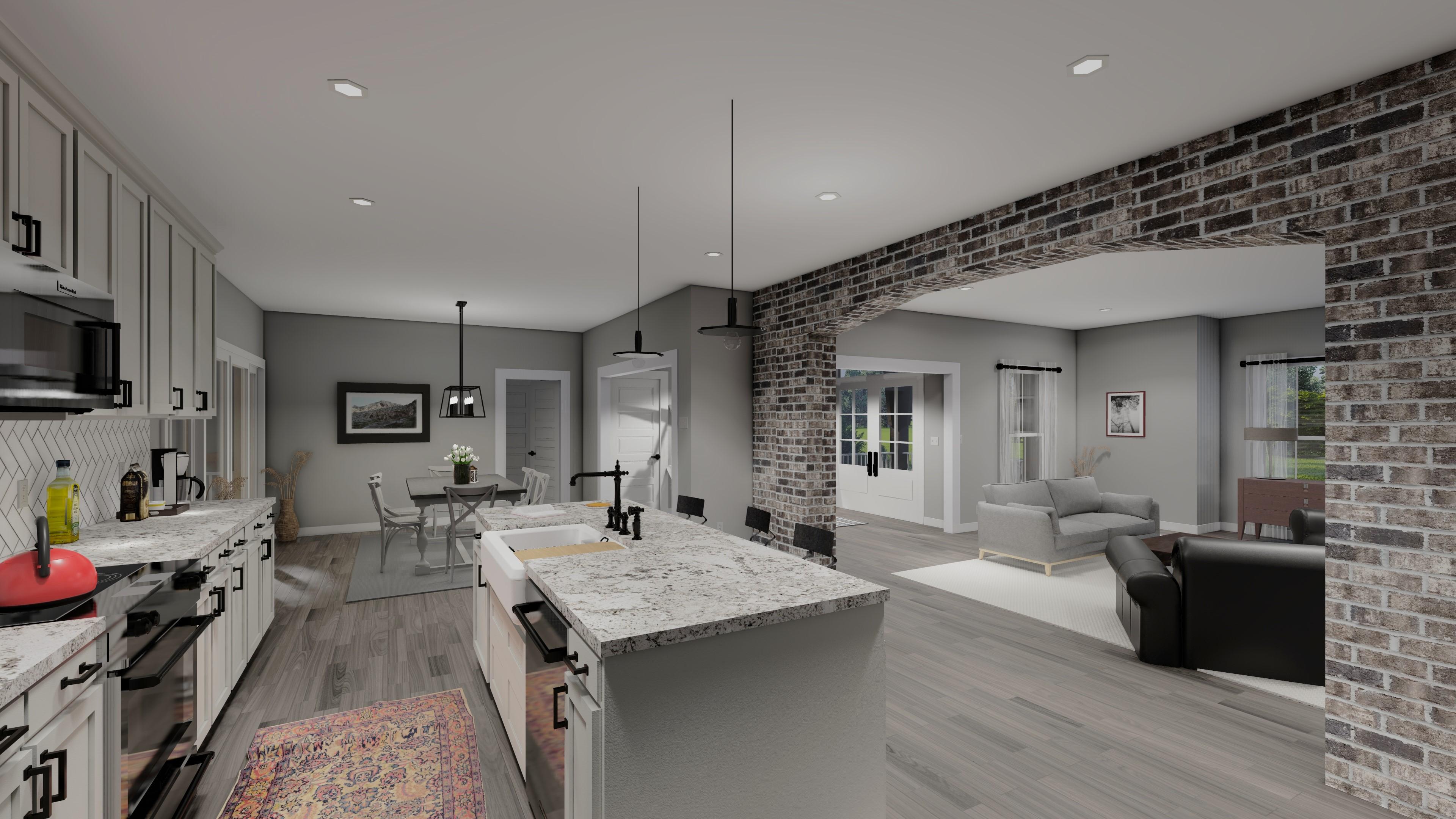 Open concept interior with kitchen island, dining area, and living room, featuring brick archway and large windows.