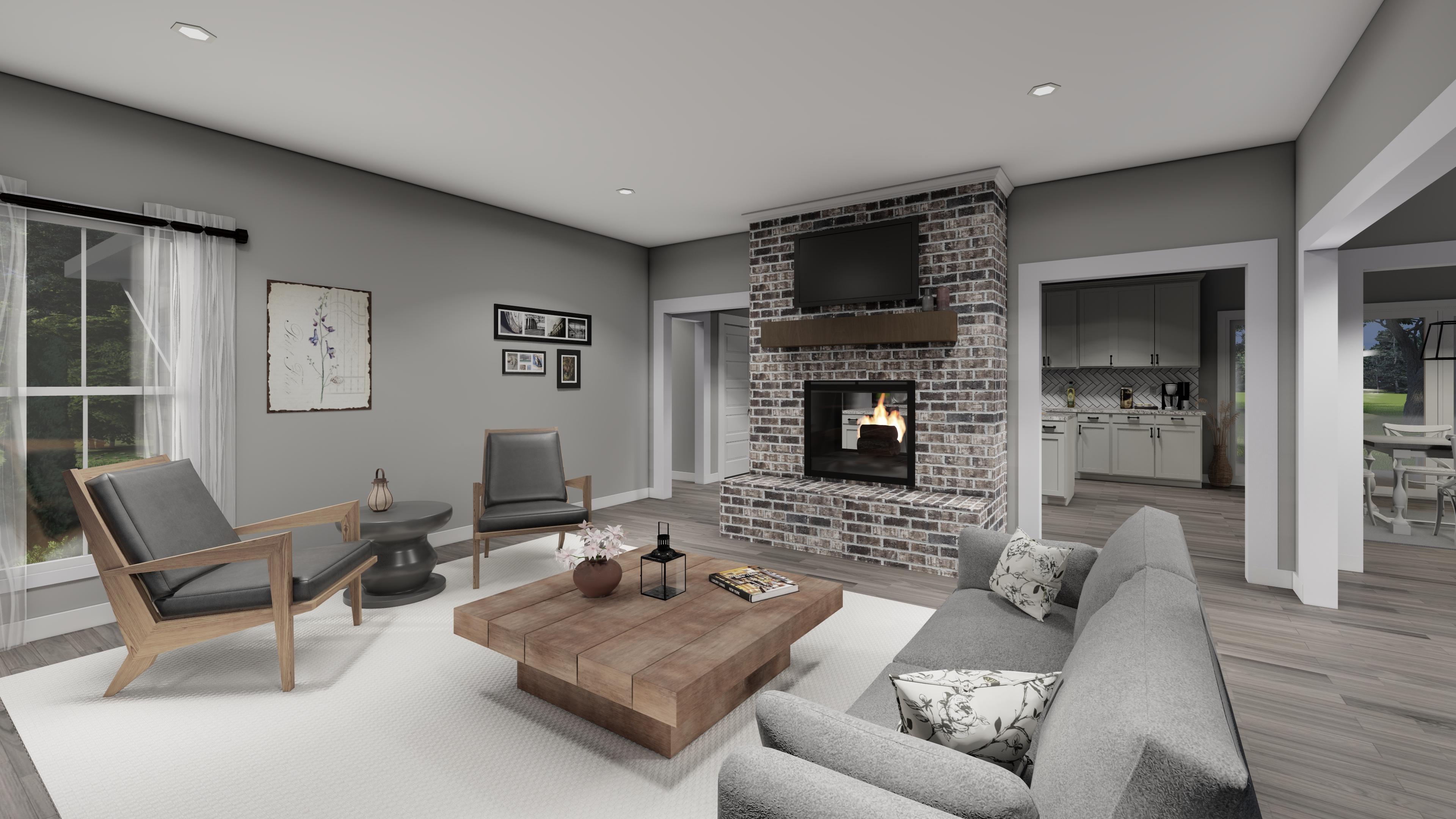Great room with brick fireplace, television, sectional sofa, wood coffee table, and view of kitchen.