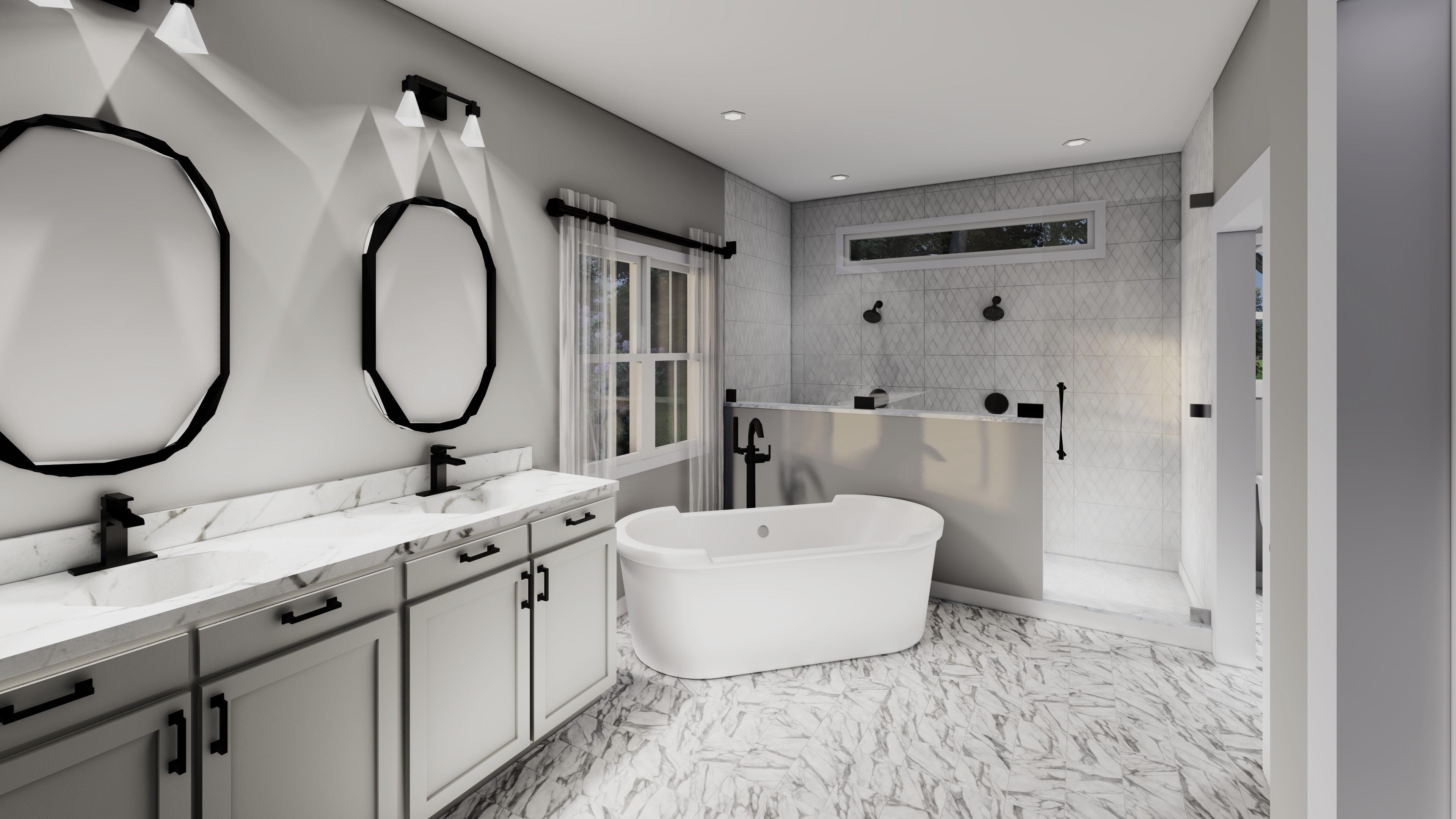 Freestanding tub, dual vanities with marble countertops and black fixtures, tiled shower with dual showerheads.