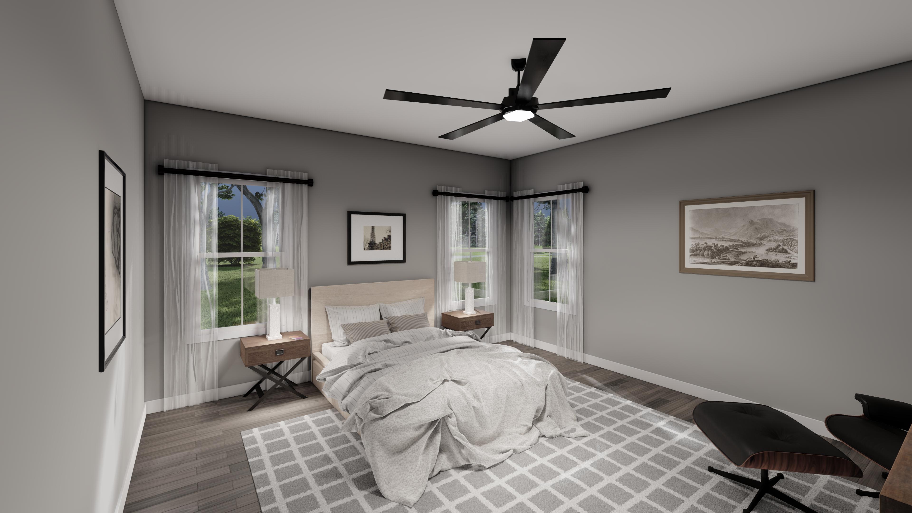 Bedroom rendering with bed, two nightstands, a ceiling fan, large windows, and wall art.