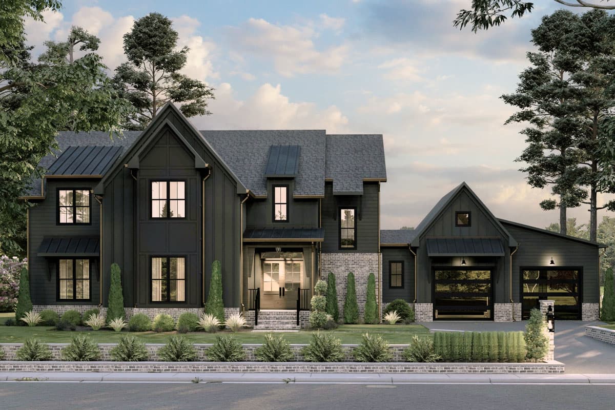 House plan exterior. Modern Farmhouse style, two-story home with gables, a covered entry porch, and a detached garage with glass doors.