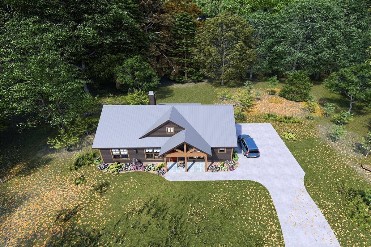 House plan exterior: One-story Modern Farmhouse with metal roof, covered porch with timber accents, gables, and dormer.