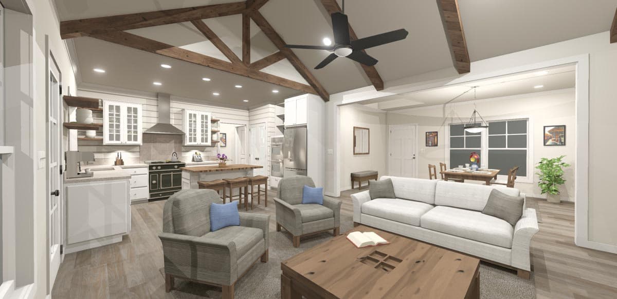 Interior rendering of a great room and kitchen with vaulted ceiling, exposed beams, island, and seating area.