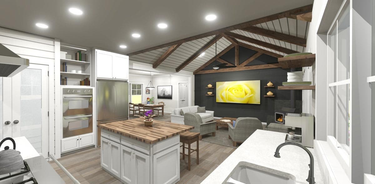 Interior rendering of an open-concept living space with vaulted beam ceiling, kitchen island, fireplace, and seating area.