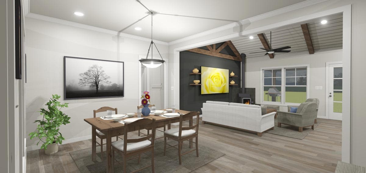 Dining and living area rendering with wooden table, sofa, fireplace, and vaulted ceiling with exposed beams.