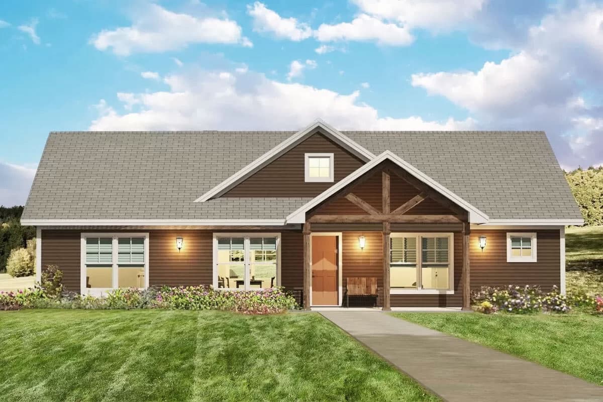 House plan exterior of a one-story Modern Farmhouse with a gabled roof, prominent wooden porch beams, and horizontal siding.