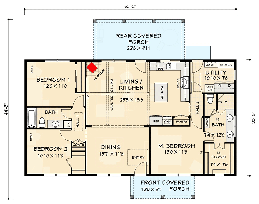 Plan 28950JJ: 3-Bed Craftsman Ranch House Plan Under 1500 Square Feet - Floor Plan - Main Level - Cabin, Cottage, Country, Craftsman, Ranch, Rustic