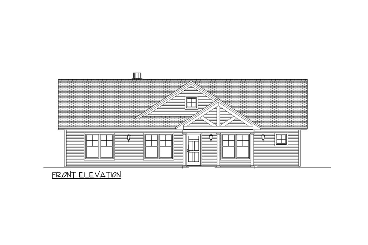 Front elevation drawing of a one-story house with a gable roof, centered entrance, and multiple windows.