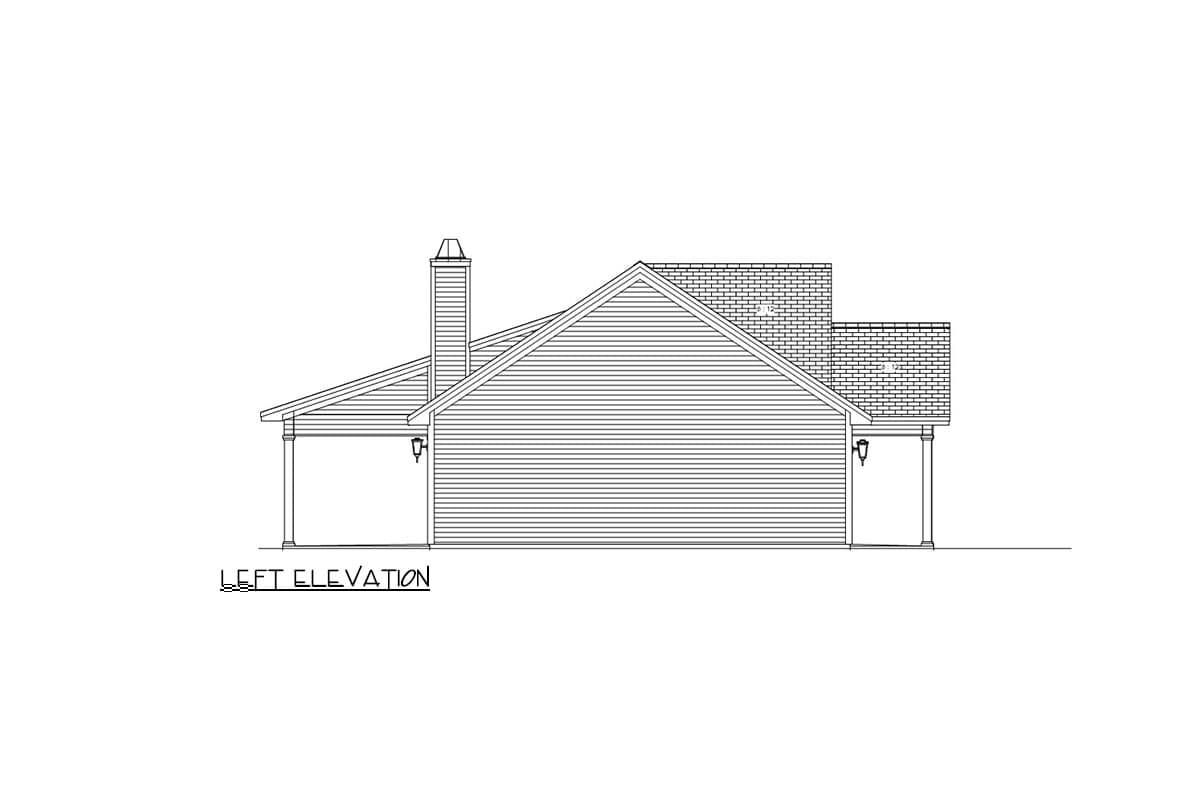 Left elevation house plan showing a gabled roof, chimney, and covered porch.
