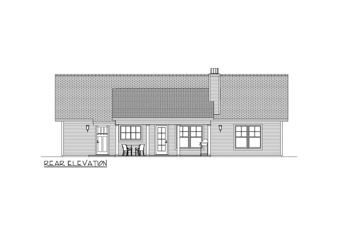 Rear elevation drawing of a house plan, showing multiple windows, doors, a chimney, and siding.