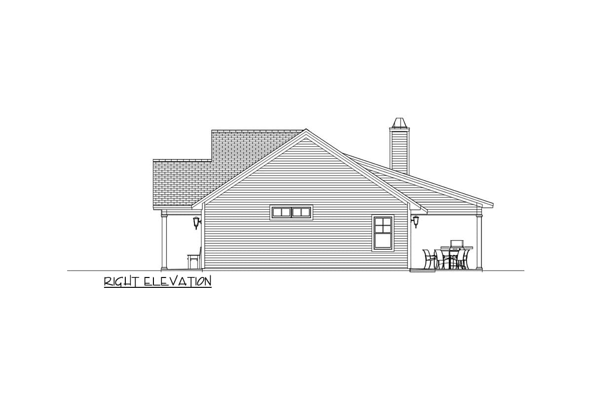 House plan right elevation: single-story structure with a covered porch, gabled roofline, and chimney.