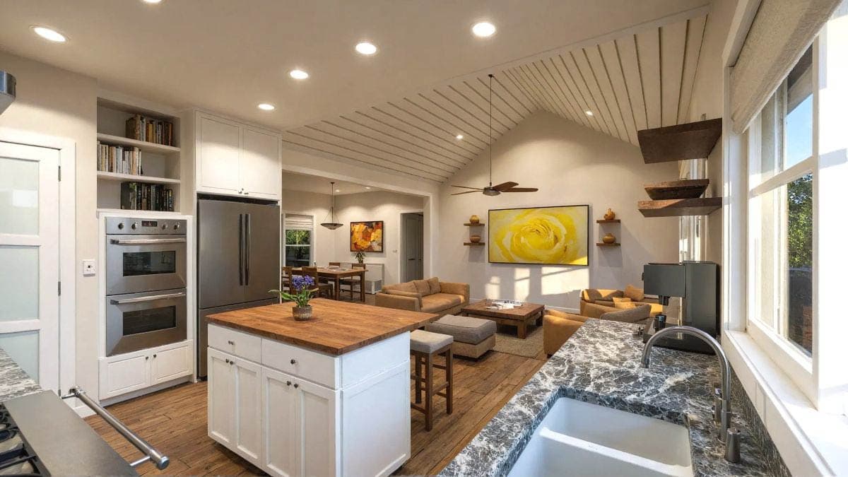 Open concept living area with kitchen island, dining nook, and vaulted ceiling with exposed beams. Includes built-in ovens.