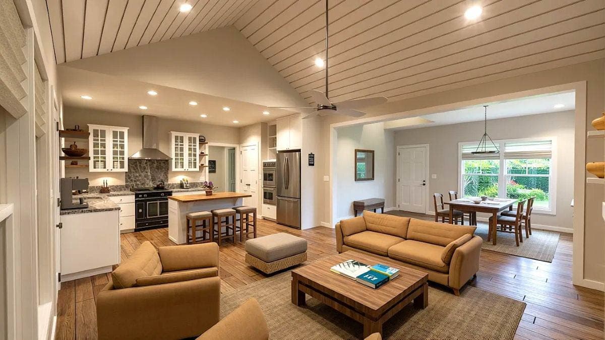 Open concept living area with vaulted beamed ceiling, showing kitchen with island, living room with fireplace, and dining area.