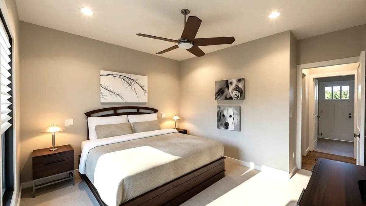 Bedroom interior with queen bed, ceiling fan, and view of a hallway with a craftsman-style front door.