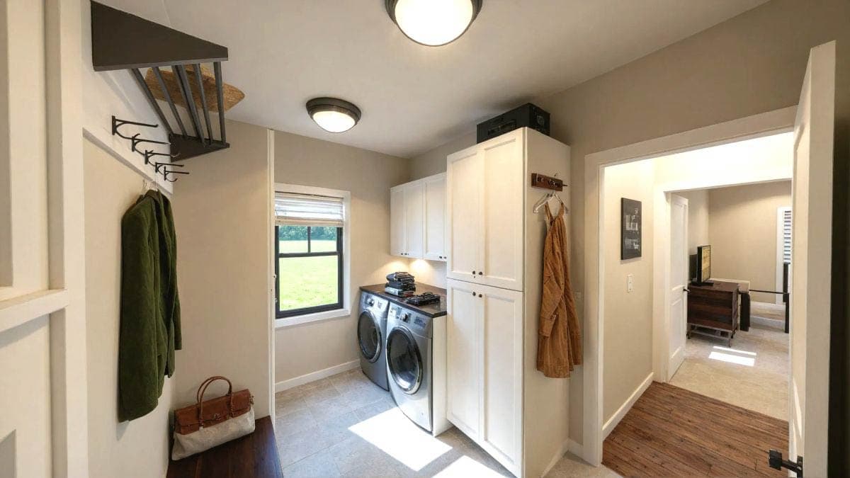 Laundry room with stacked washer/dryer, white cabinets, and coat rack. Adjacent room shows bed and dresser.