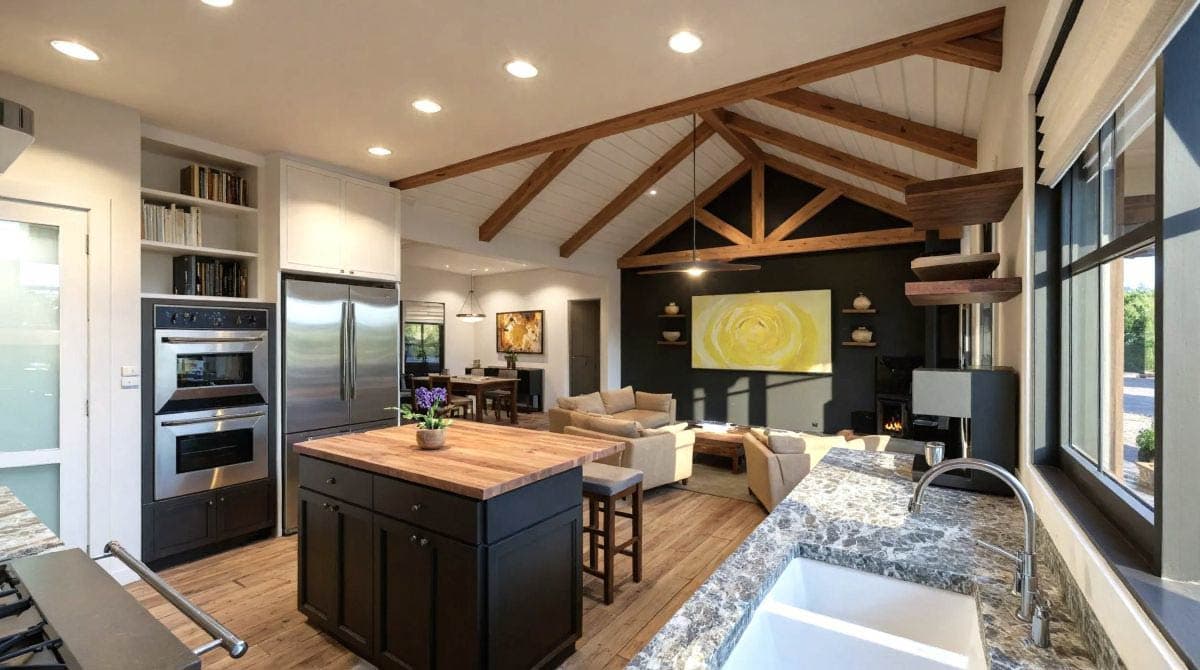 Open concept living space with a vaulted ceiling, exposed wooden beams, kitchen island, and a living area with a fireplace.