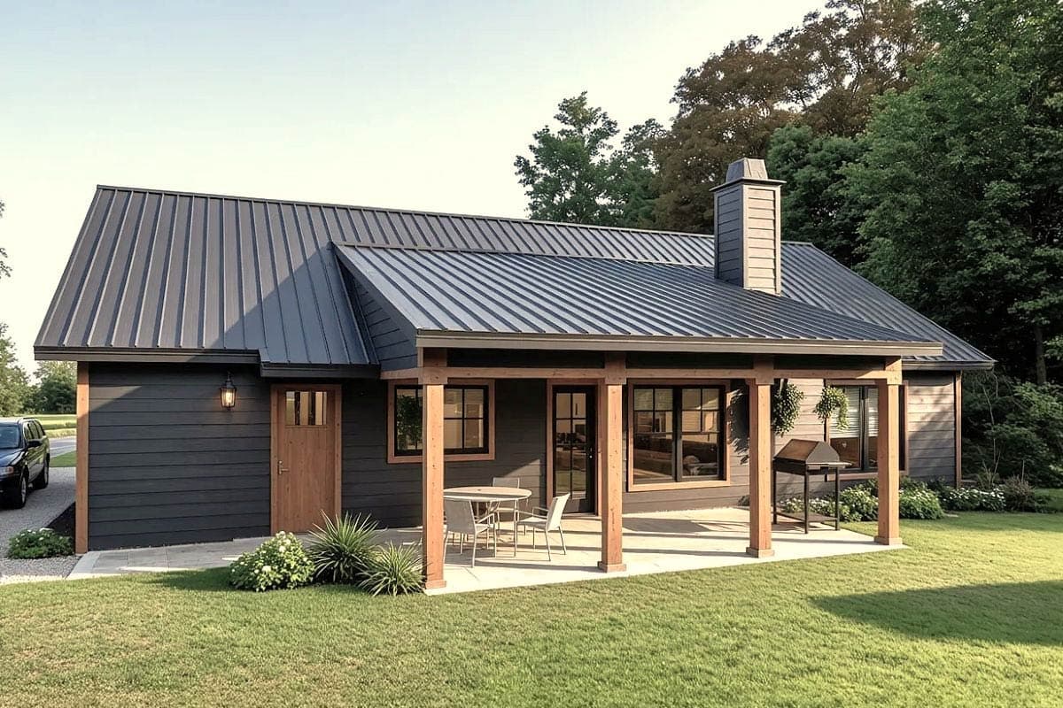 House plan exterior, one story, dark siding, gable roof with standing seam metal, covered porch with timber posts, and stone chimney.