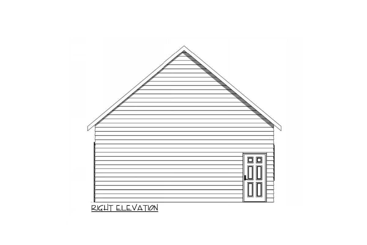 Floor plan drawing: Right elevation with horizontal siding and a paneled door.
