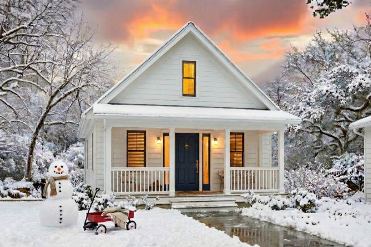House plan exterior of a two-story Modern Farmhouse with a prominent gable, covered front porch, and double-hung windows.