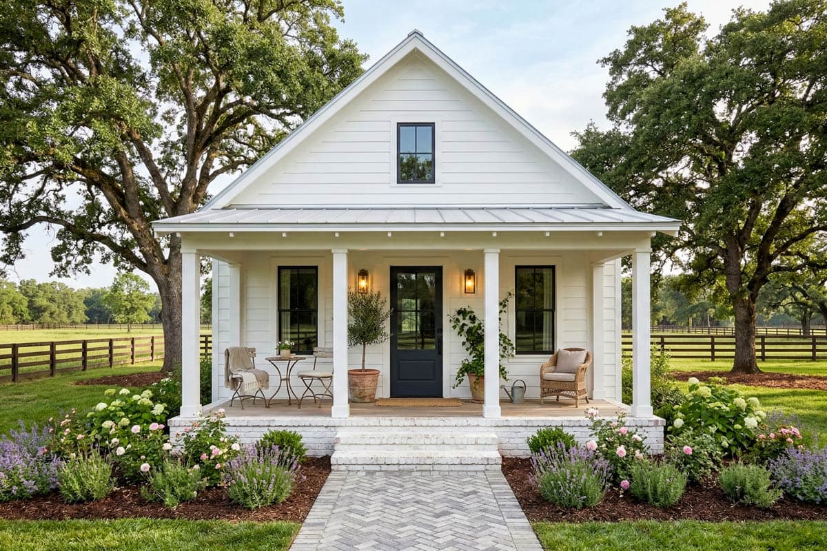 House plan exterior: Modern Farmhouse style, one-story with a metal gable roof, covered front porch with columns, and a central entry door.