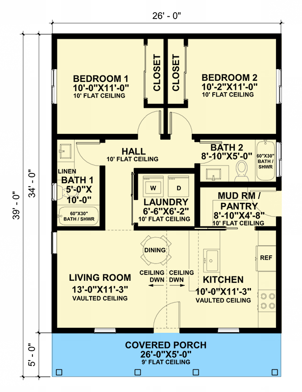 Plan 420147WNT: 2-Bed ADU Cottage with Vaulted Kitchen and Living Room - 884 Sq Ft - Floor Plan - Main Level - Cottage, Country