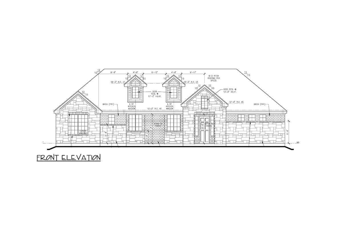 Front elevation drawing of a single-story house plan with brick exterior, dormer windows, and a covered porch.