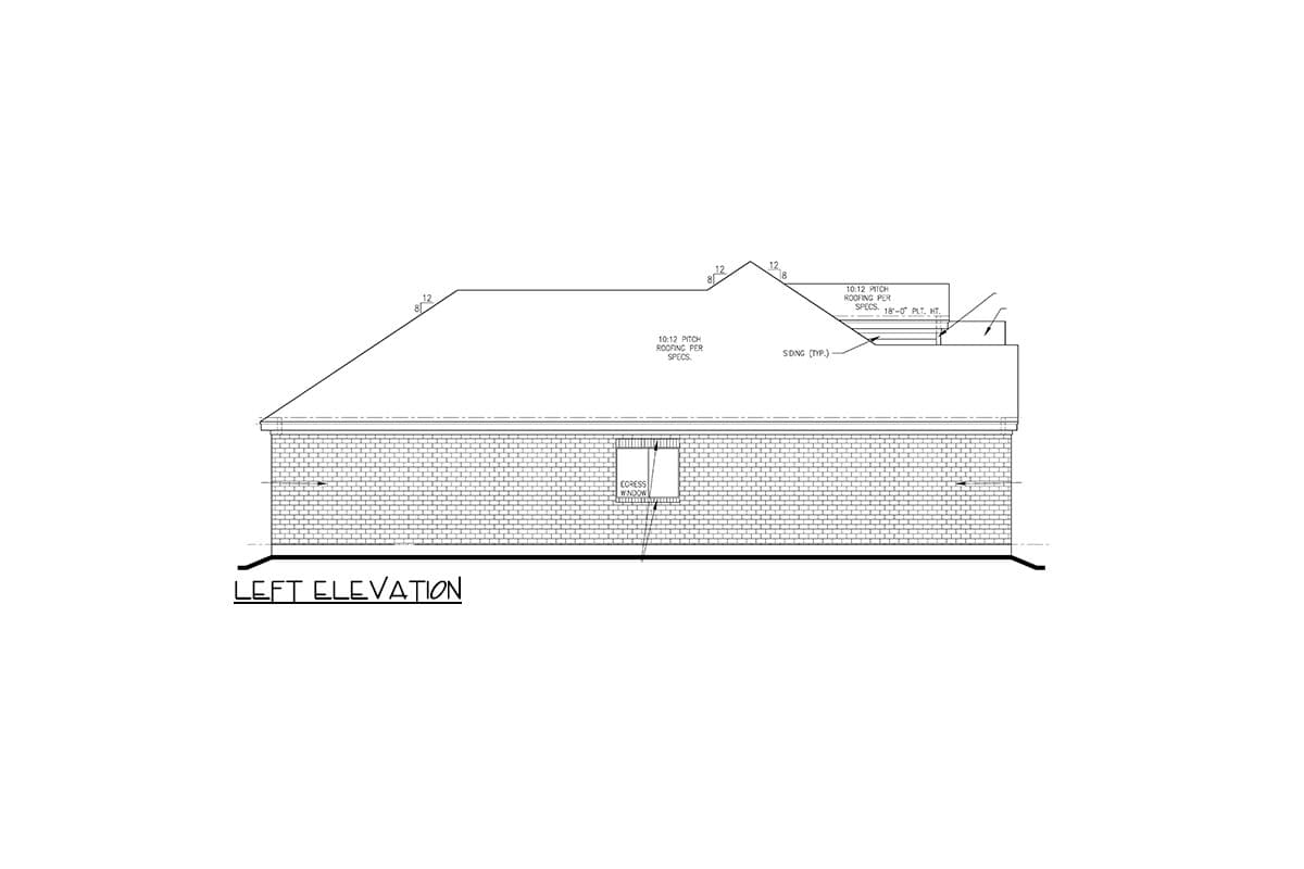 Left elevation drawing showing brick veneer, pitched roof with 10:12 pitch, and egress window.