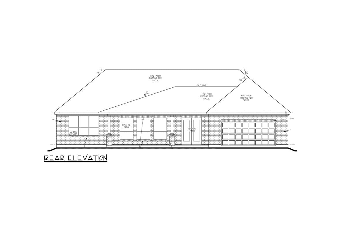 Rear elevation house plan showing a single-story brick structure with multiple roof pitches, egress windows, and a two-car garage.