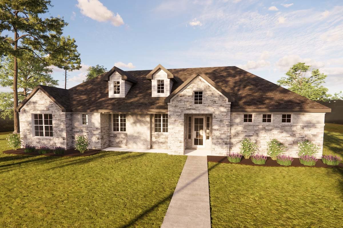 House plan exterior with stone veneer facade, gabled roof, and multiple dormers. Includes a front entry and walkway to the front door.