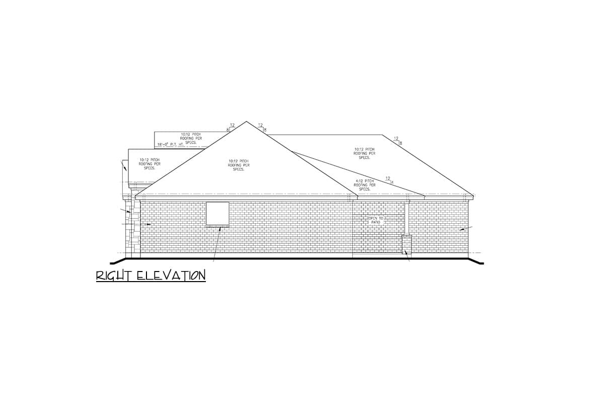 Right elevation house plan drawing showing pitched rooflines, brick wall, one window, and covered patio.