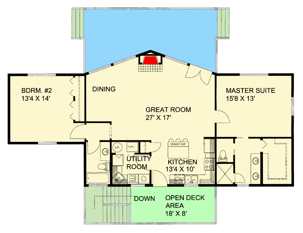 Plan 350065GH: 2-Bed Traditional 2-Car Drive Under Garage on a Sloping Lot - 1366 Sq Ft - Floor Plan - Main Level - Traditional