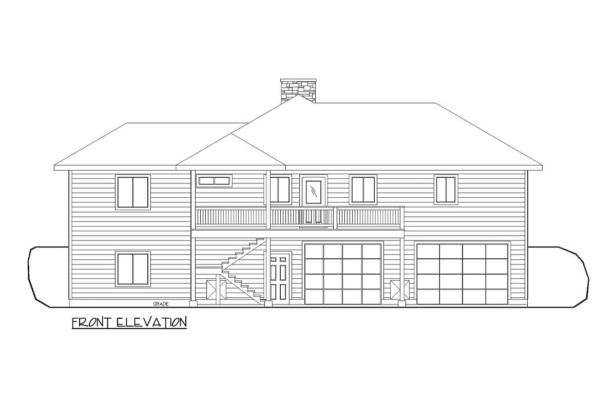Front elevation drawing of a two-story house with horizontal siding, multiple windows, a deck, and two garages.