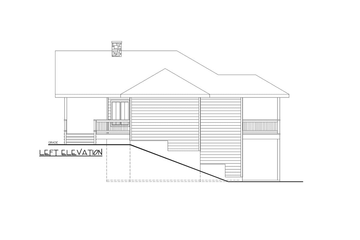Left elevation house plan drawing with a prominent chimney, covered porch, and sloped grade.