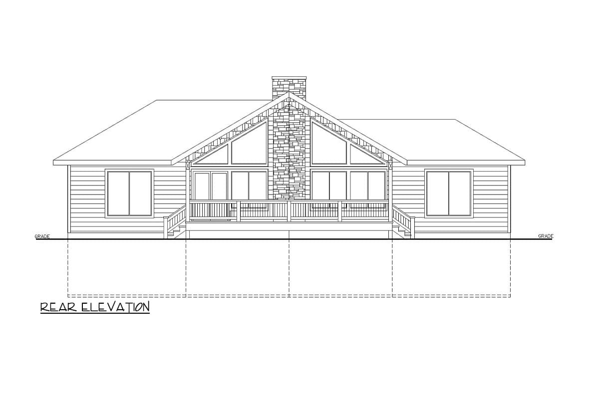 Rear elevation drawing of a house plan with a central stone chimney, gabled roof, and wraparound deck.