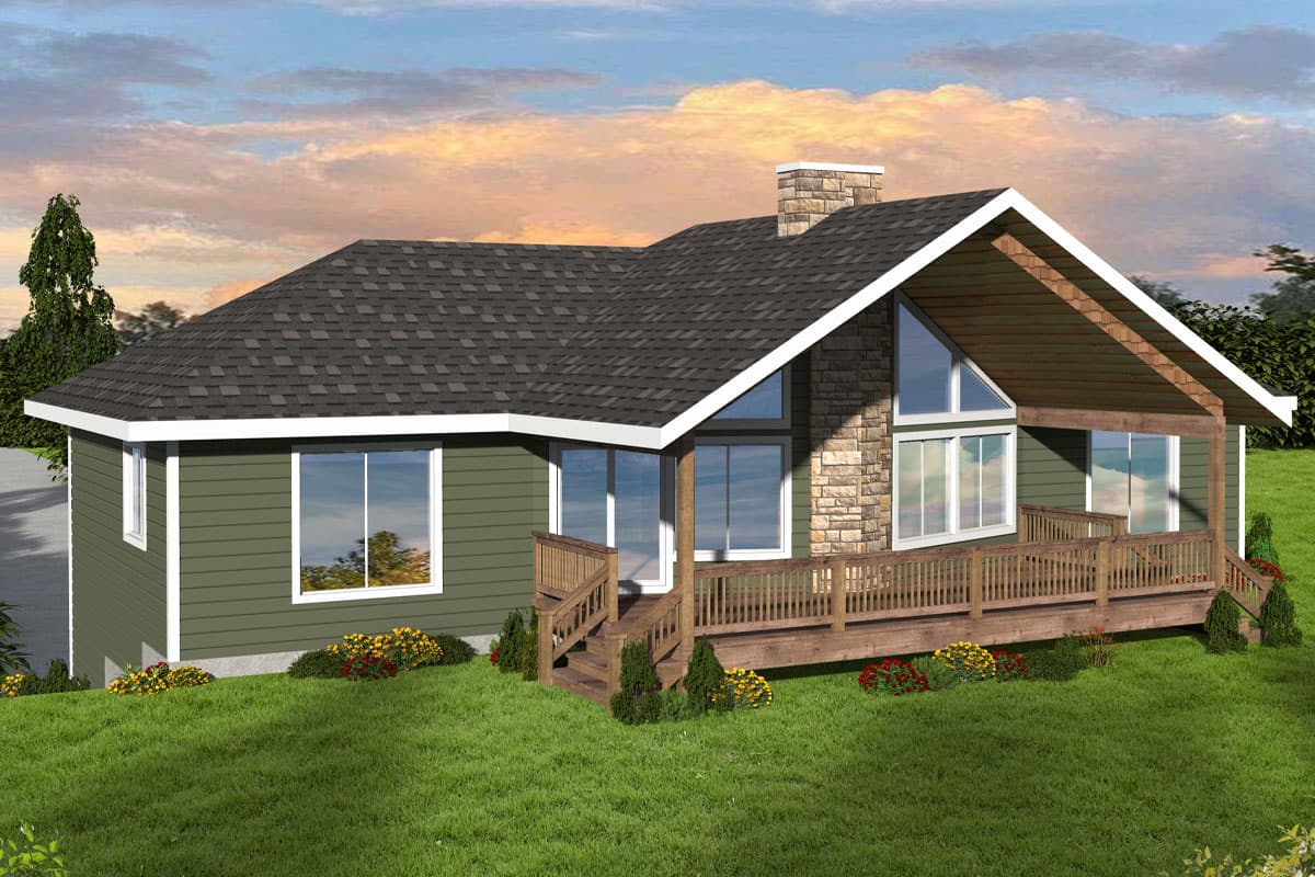 House plan exterior with gable roof, stone chimney, and covered porch with railing. Features include large windows and a wood deck.