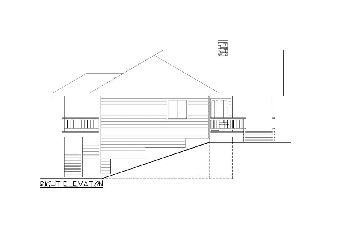 Right elevation house plan drawing showing a home with a sloped yard, front porch, deck, and chimney.
