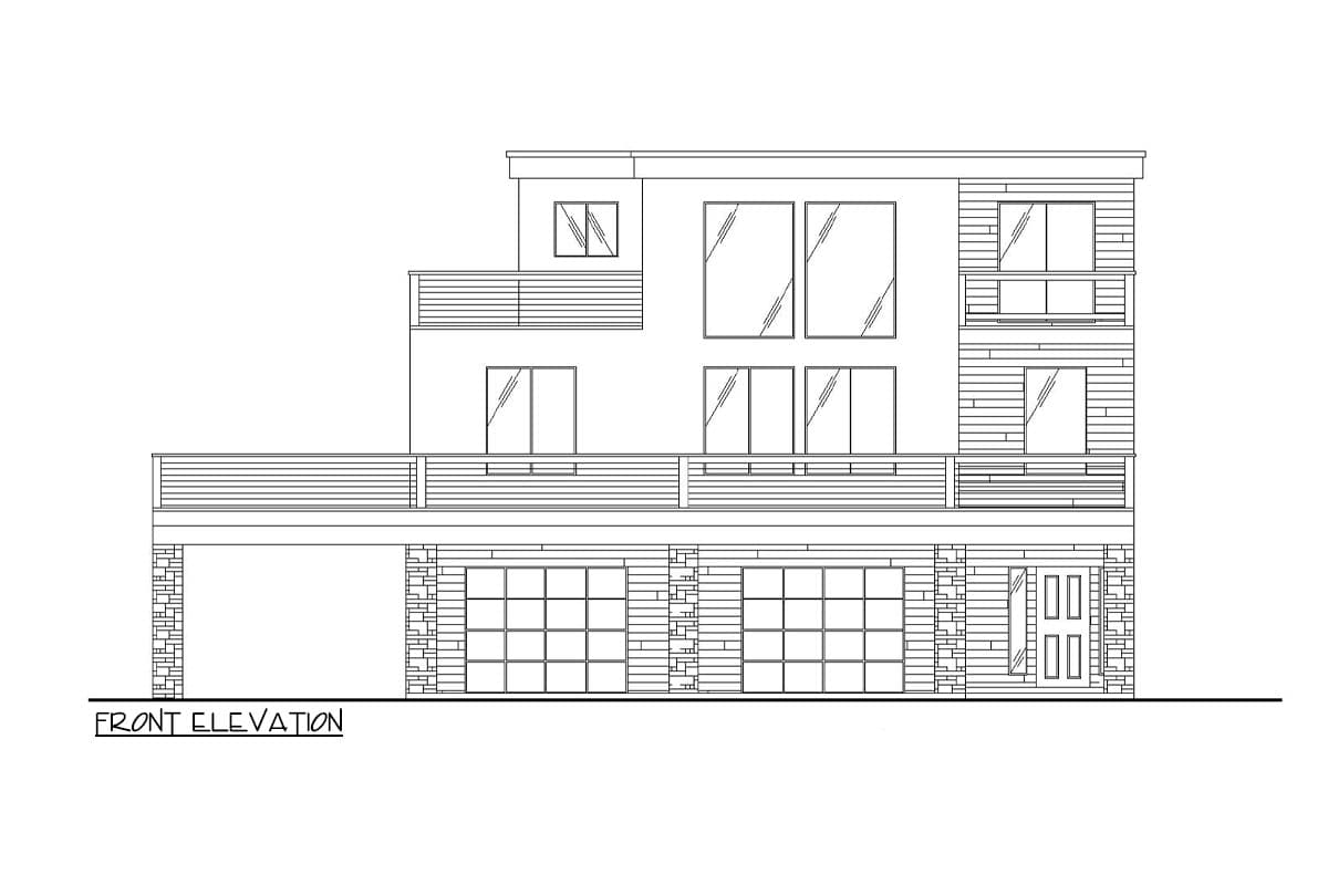 Front elevation drawing of a multi-story house plan with multiple balconies, large windows, and a three-car garage.