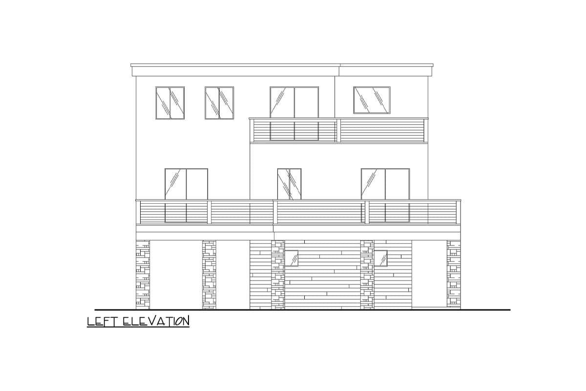 Left elevation drawing of a three-story house plan with balconies and a stone-clad lower level.