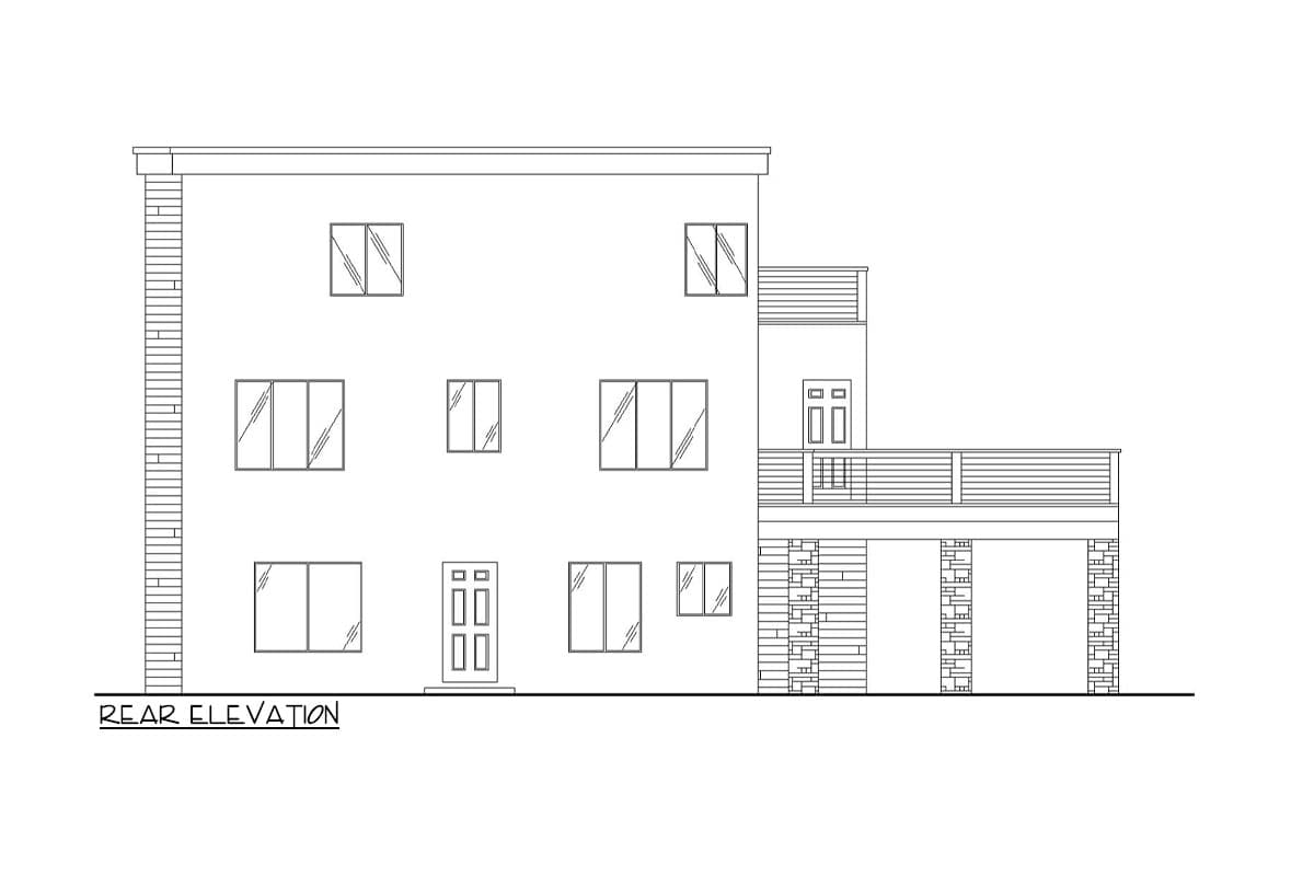 Rear elevation of a two-story house plan, featuring a flat roof, multiple windows, two doors, and a raised deck with stone-clad columns.