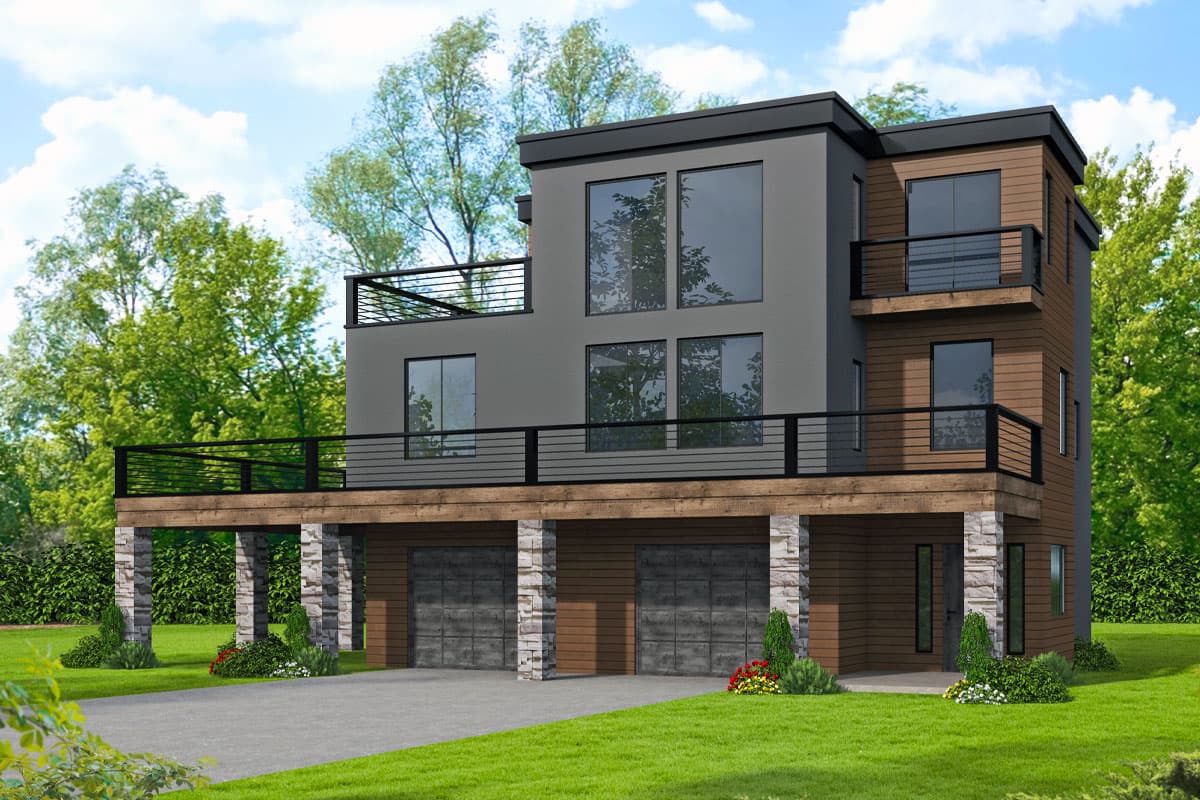 House plan exterior. Modern style, three-story home with a flat roof, balcony, and stone-clad supports for a garage.