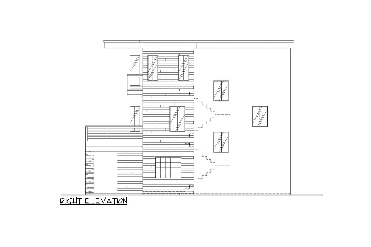 Right elevation drawing of a two-story house with horizontal siding, balcony, and multiple windows.